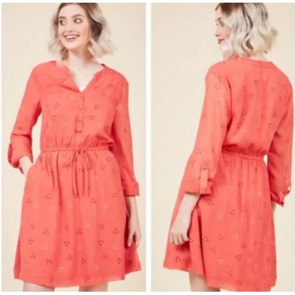 Modcloth Women's Coral Effortless on Arrival Wishbone Dress‎ Pockets Large